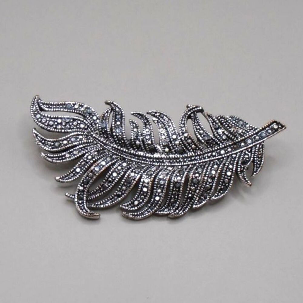 VTG Silver Tone Marcasite Style Feather Brooch 2.75" No Markings Elegant Detail